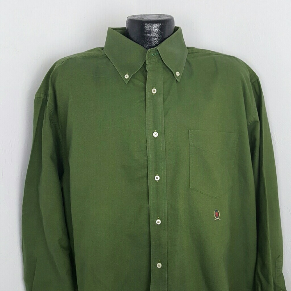 Tommy Hilfiger green button down long sleeve embroidery vintage shirt size XL